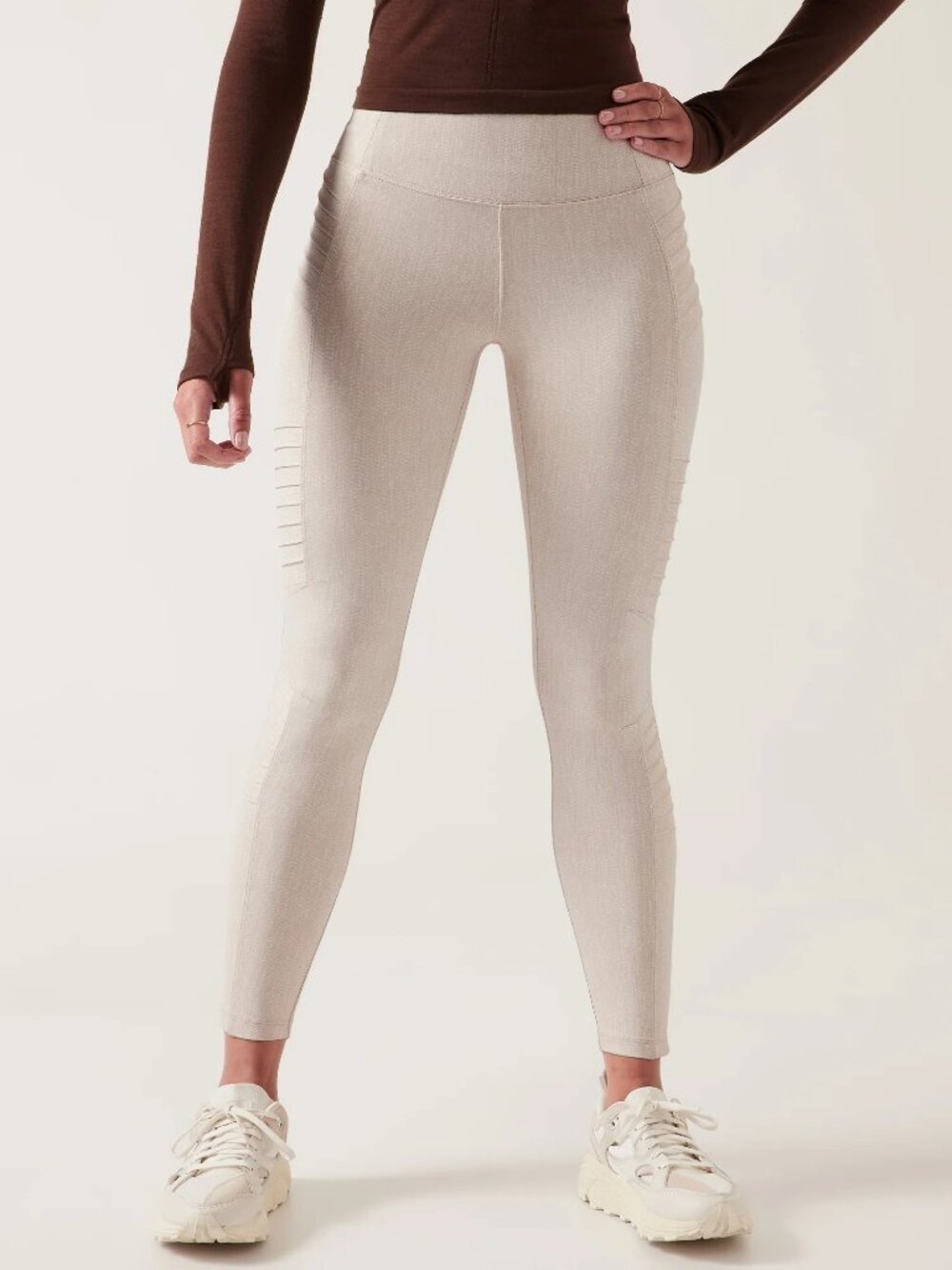 ATHLETA Delancey Textured Moto Tight Cream Mid Rise 7/8 Ankle Leggings, Size S
